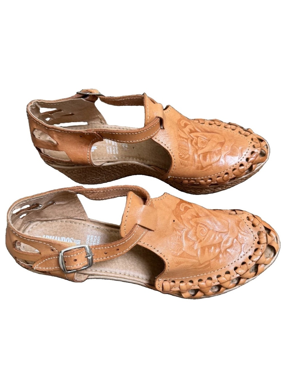 Armandos Leather Huarache Wedge Sandals Tan Rose Embossed Size 9 26 Mexican Boho - Picture 3 of 12